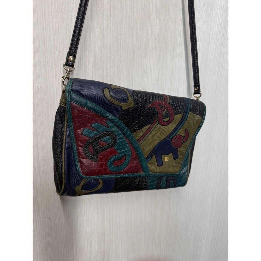 Vintage Multi Color Patchwork Faux Leather Elephant Crossbody Bag Navy Burgundy